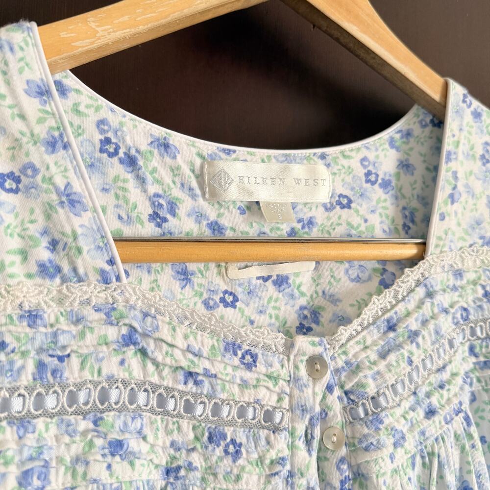 EILEEN WEST | Blue floral Soft Jersey Cap Sleeve Nightgown | Small - Picture 3 of 5